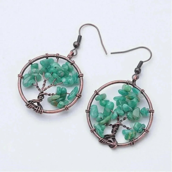 Rustic Antique Copper Amazonite Tree of Life Gemstone Beads Dangle Earrings - Picture 1 of 1